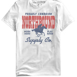 White t-shirt with red and blue text and graphics on a white background