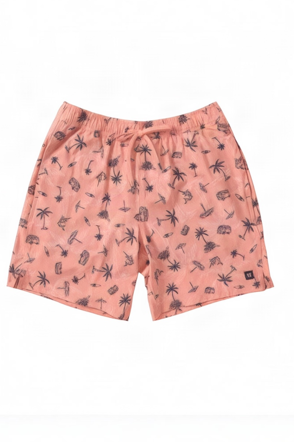 A pair of peach-colored swim trunks with an all-over black palm tree and beach-themed print, displayed flat against a white background.