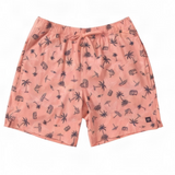 A pair of peach-colored swim trunks with an all-over black palm tree and beach-themed print, displayed flat against a white background.