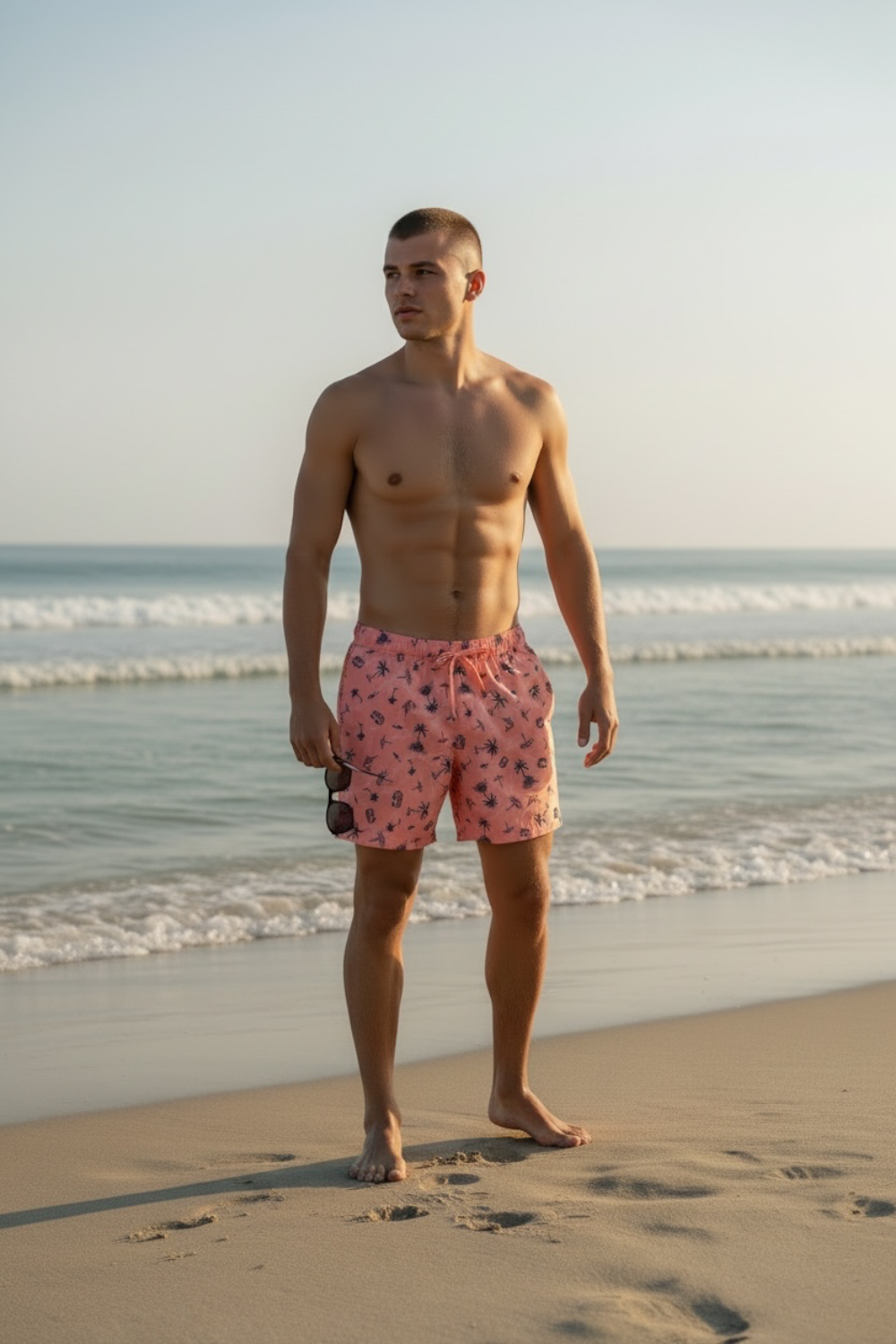 A shirtless man standing on a sandy beach wearing pink swim trunks with a small dark pattern, with ocean waves and a pale sky in the background.