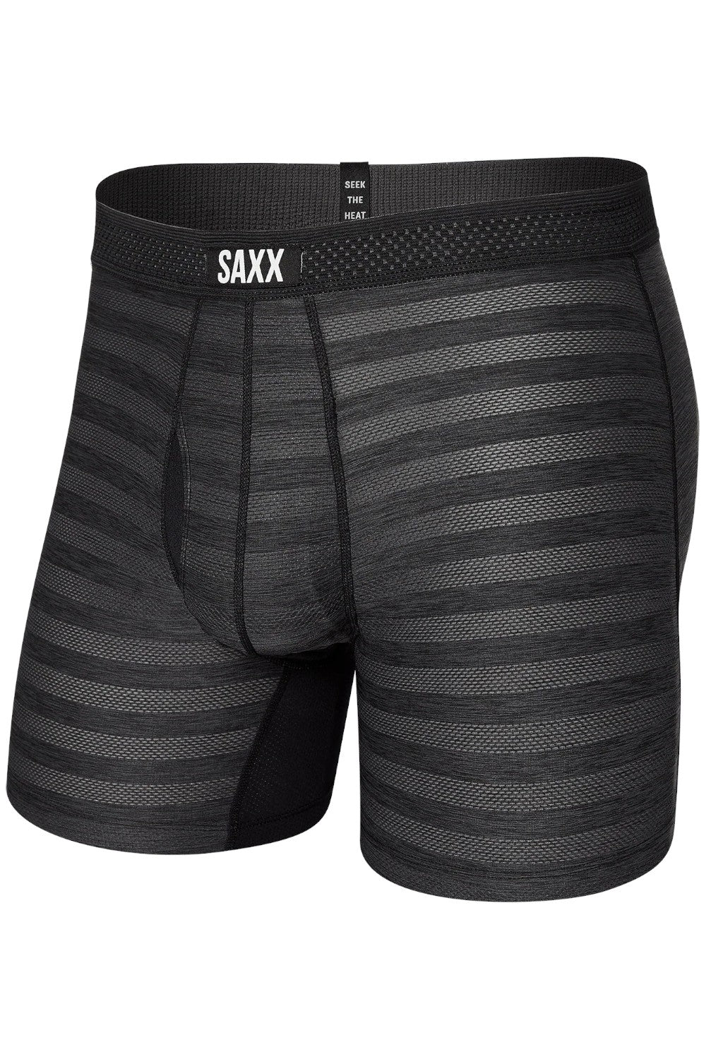 Black striped boxer briefs with 'SAXX' branding on a white background
