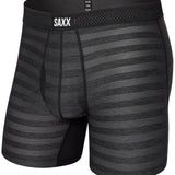 Black striped boxer briefs with 'SAXX' branding on a white background