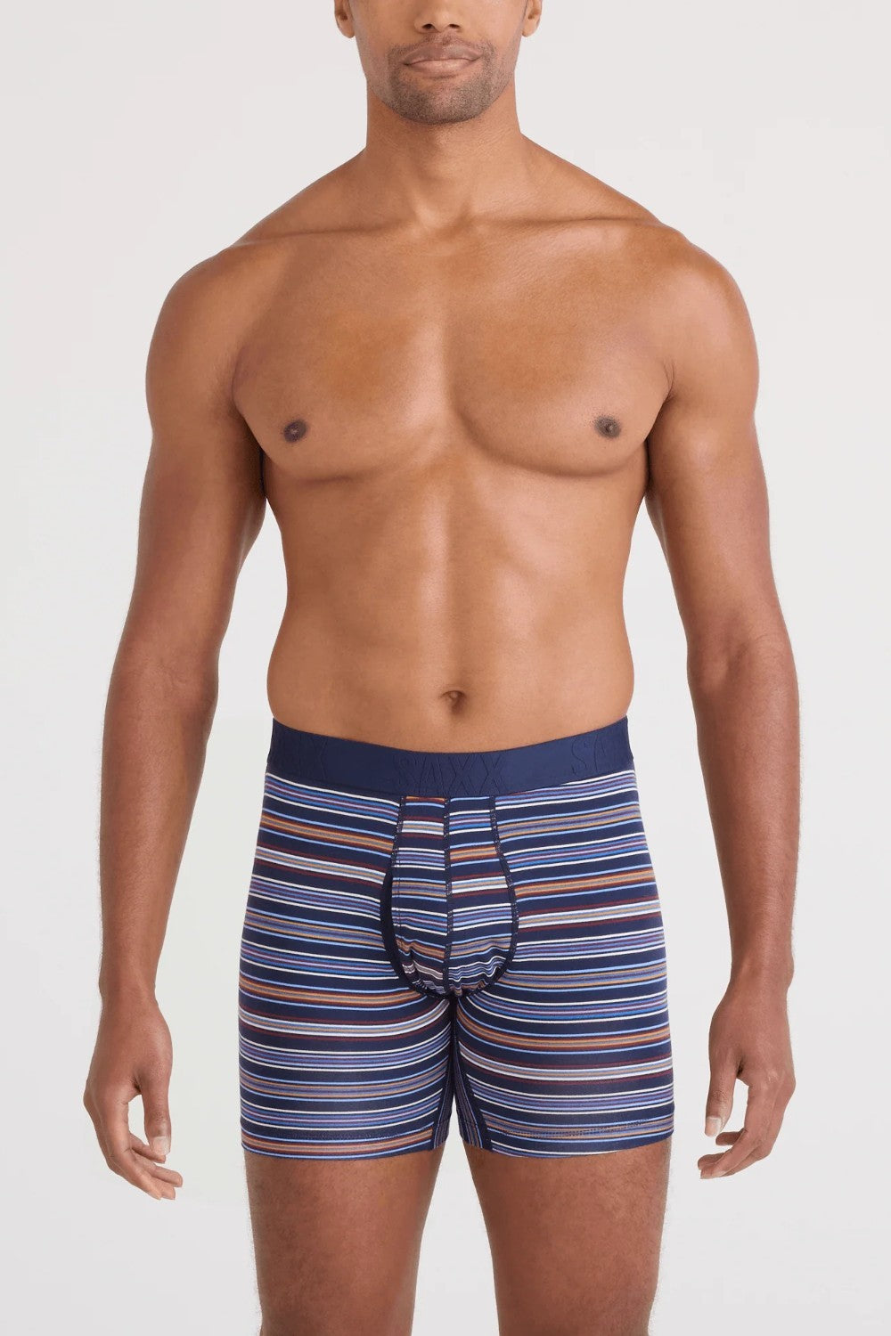 Man wearing blue striped underwear on a white background