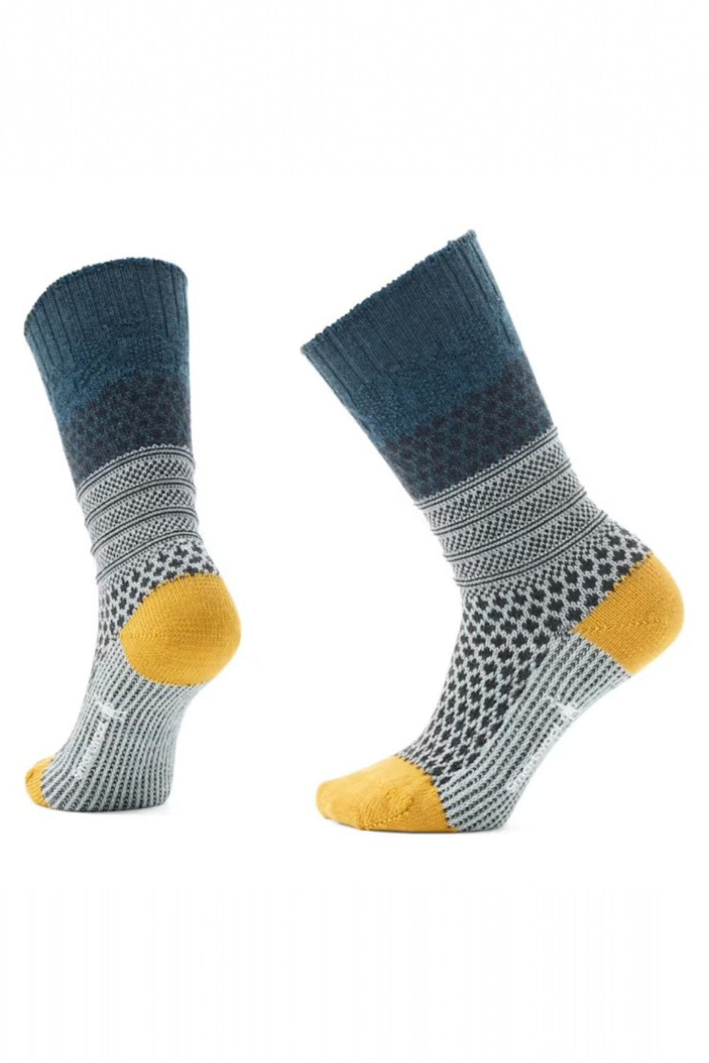 Pair of socks with green, gray, and yellow pattern on a white background