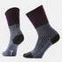 Pair of purple and gray patterned socks on a light gray background