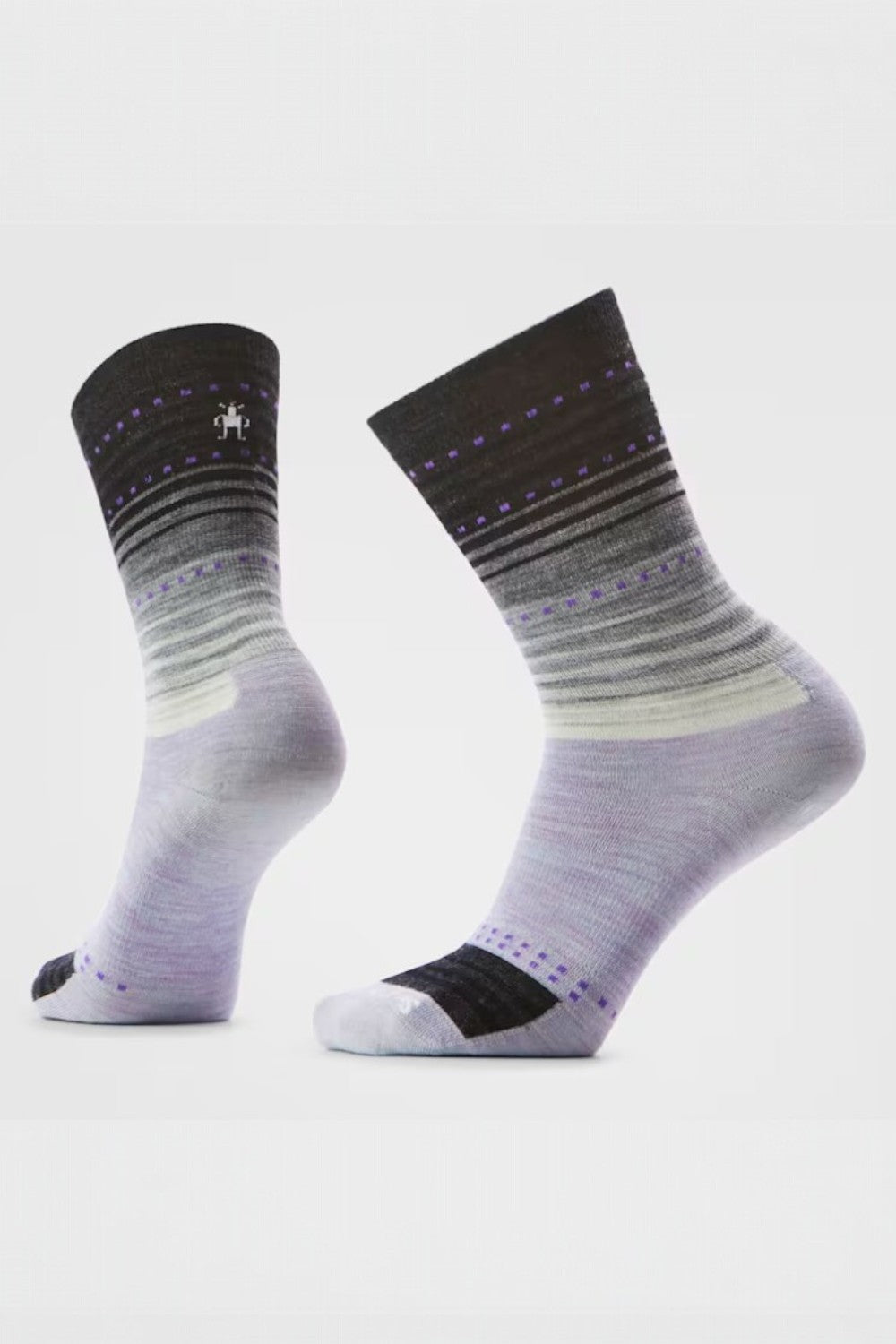 Pair of gray and black striped socks on a light purple background