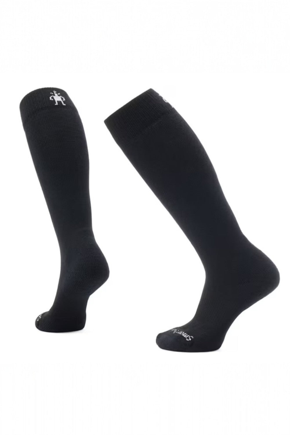 Two black knee-high socks on a white background