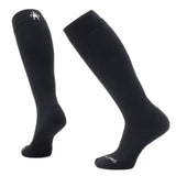 Two black knee-high socks on a white background
