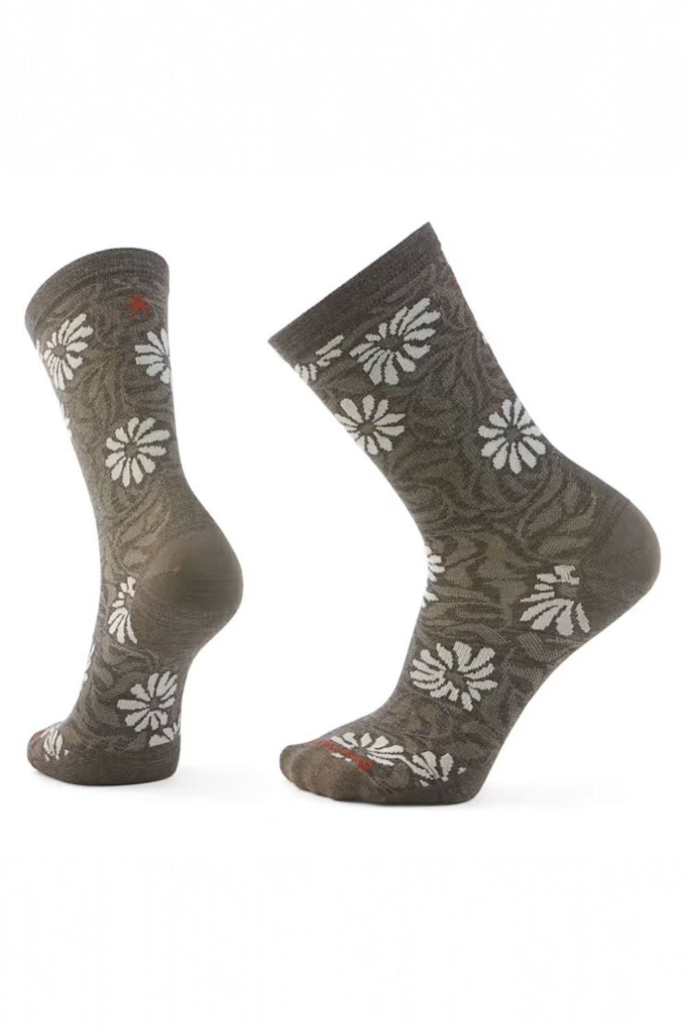 Pair of brown socks with floral pattern on a white background