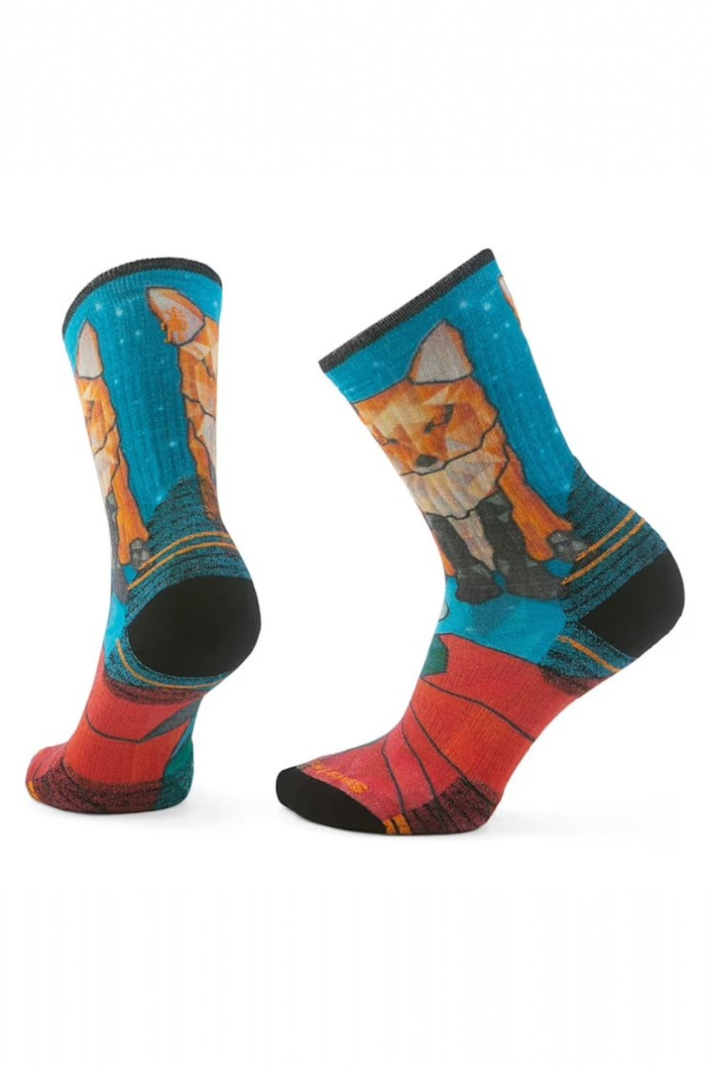 Colourful socks with fox design on a white background
