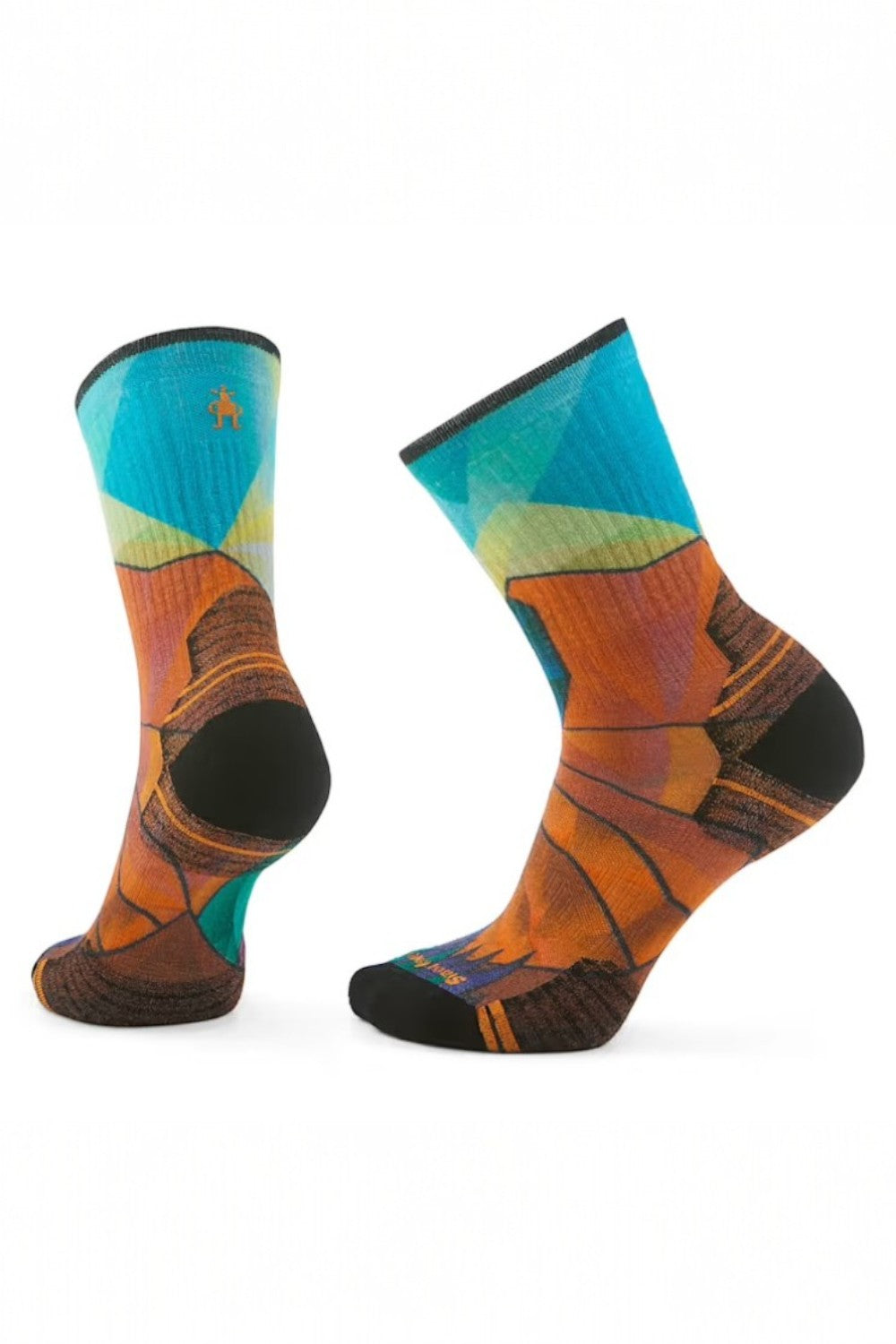 Colourful socks with geometric pattern on a white background