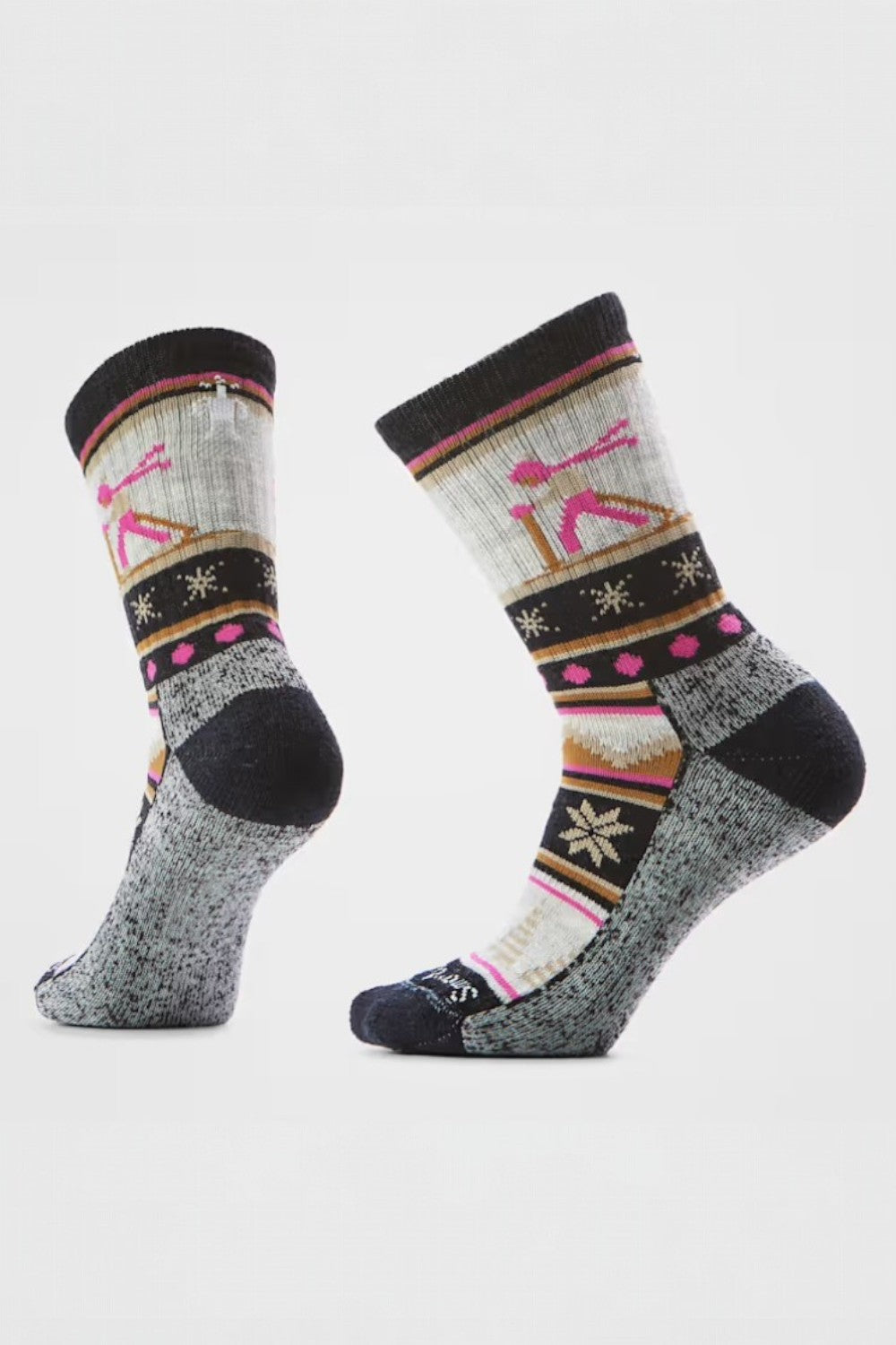 Pair of socks with a pattern on a light gray background