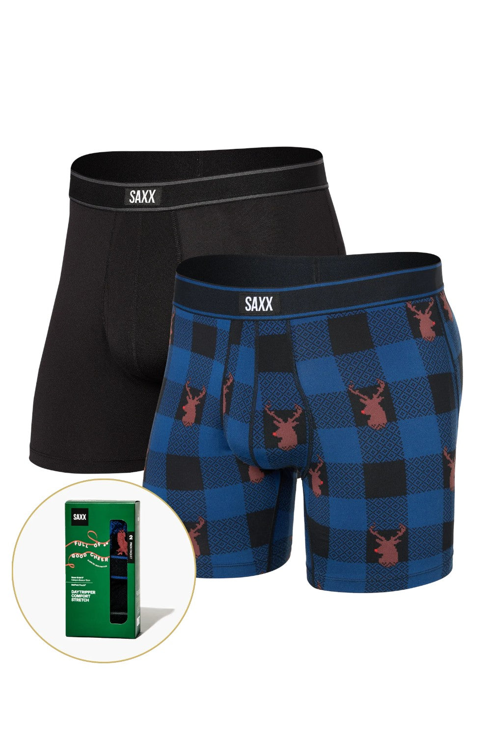 Two pairs of SAXX boxer briefs, one black and one blue with checkered pattern and deer design, on a white background.