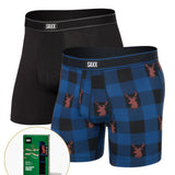 Two pairs of SAXX boxer briefs, one black and one blue with checkered pattern and deer design, on a white background.