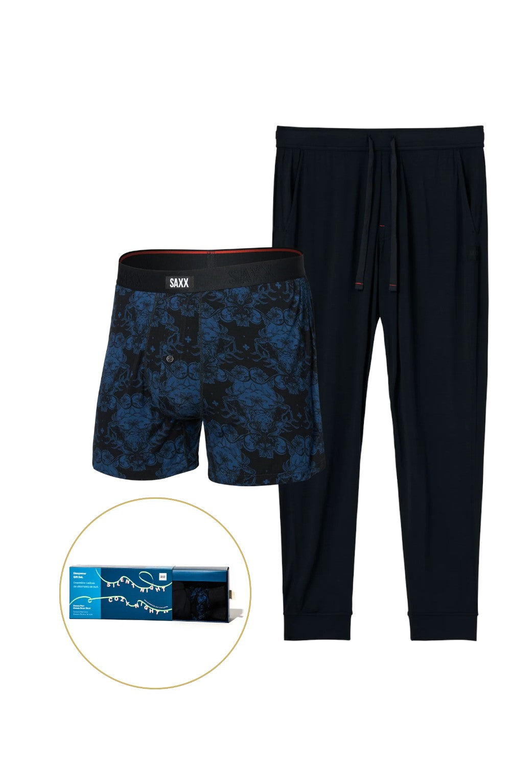 Set of men's underwear with blue camouflage pattern and black pants on a white background.