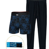 Set of men's underwear with blue camouflage pattern and black pants on a white background.