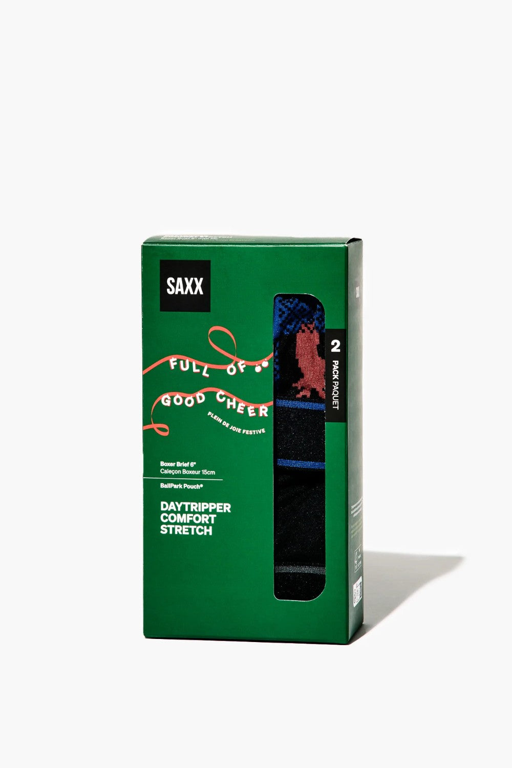 Green packaging of SAXX men's underwear with a window displaying the product.
