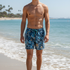 A man standing on a sandy beach wearing blue floral swim trunks, with ocean waves and palm trees in the background.