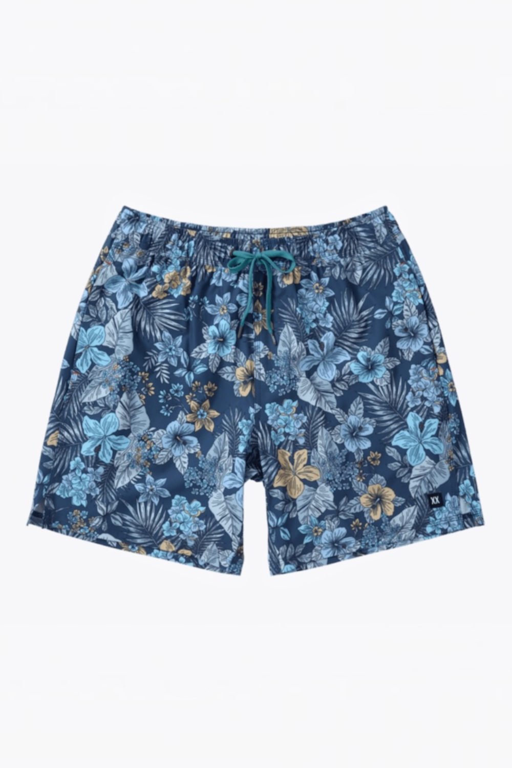 A pair of men's swim shorts featuring a blue tropical floral and palm leaf pattern with a teal drawstring, displayed flat against a white background.