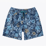 A pair of men's swim shorts featuring a blue tropical floral and palm leaf pattern with a teal drawstring, displayed flat against a white background.