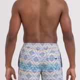 Person wearing colorful patterned swim shorts on a white background