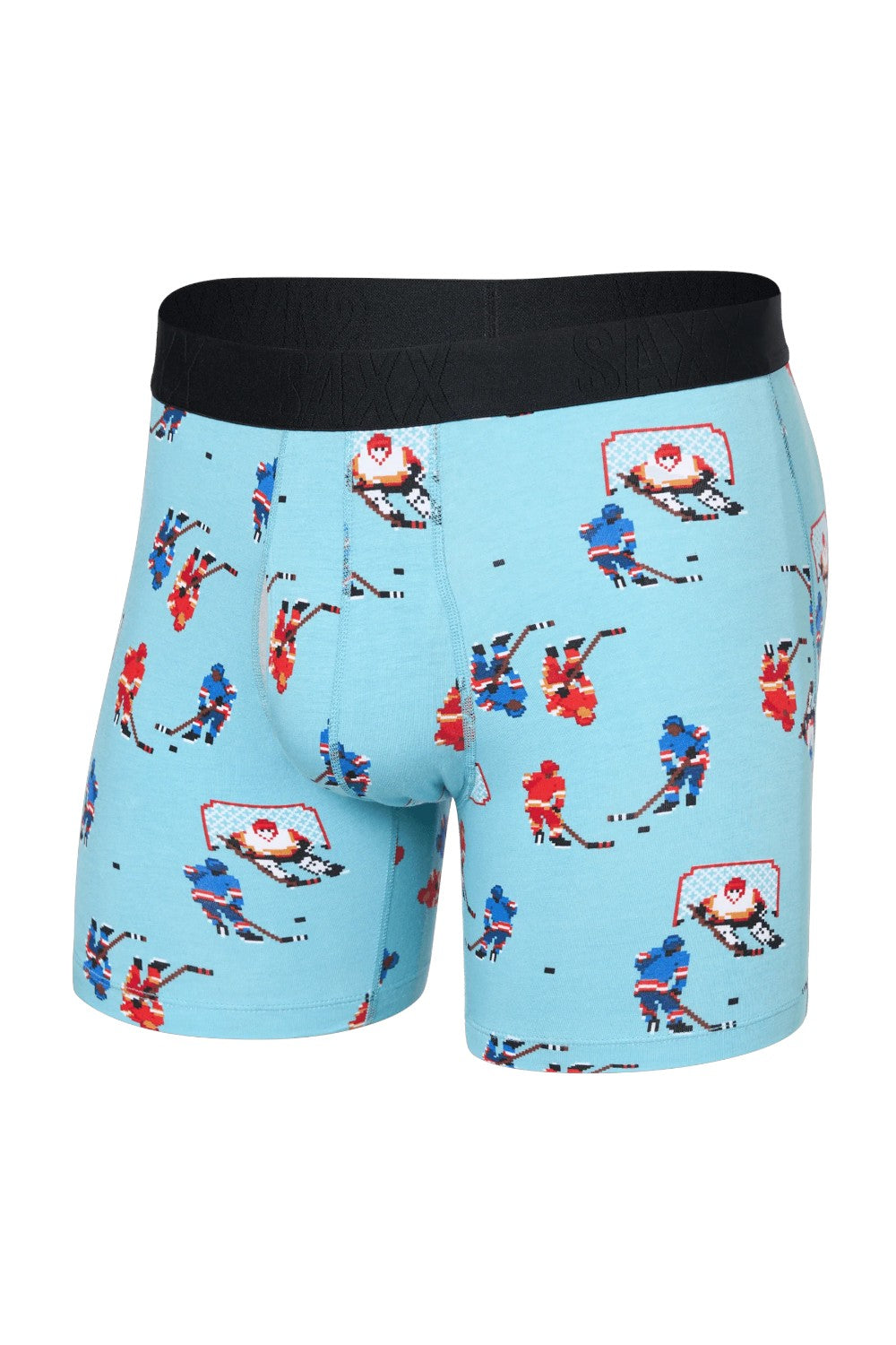 Light blue boxer briefs with hockey-themed design on a white background