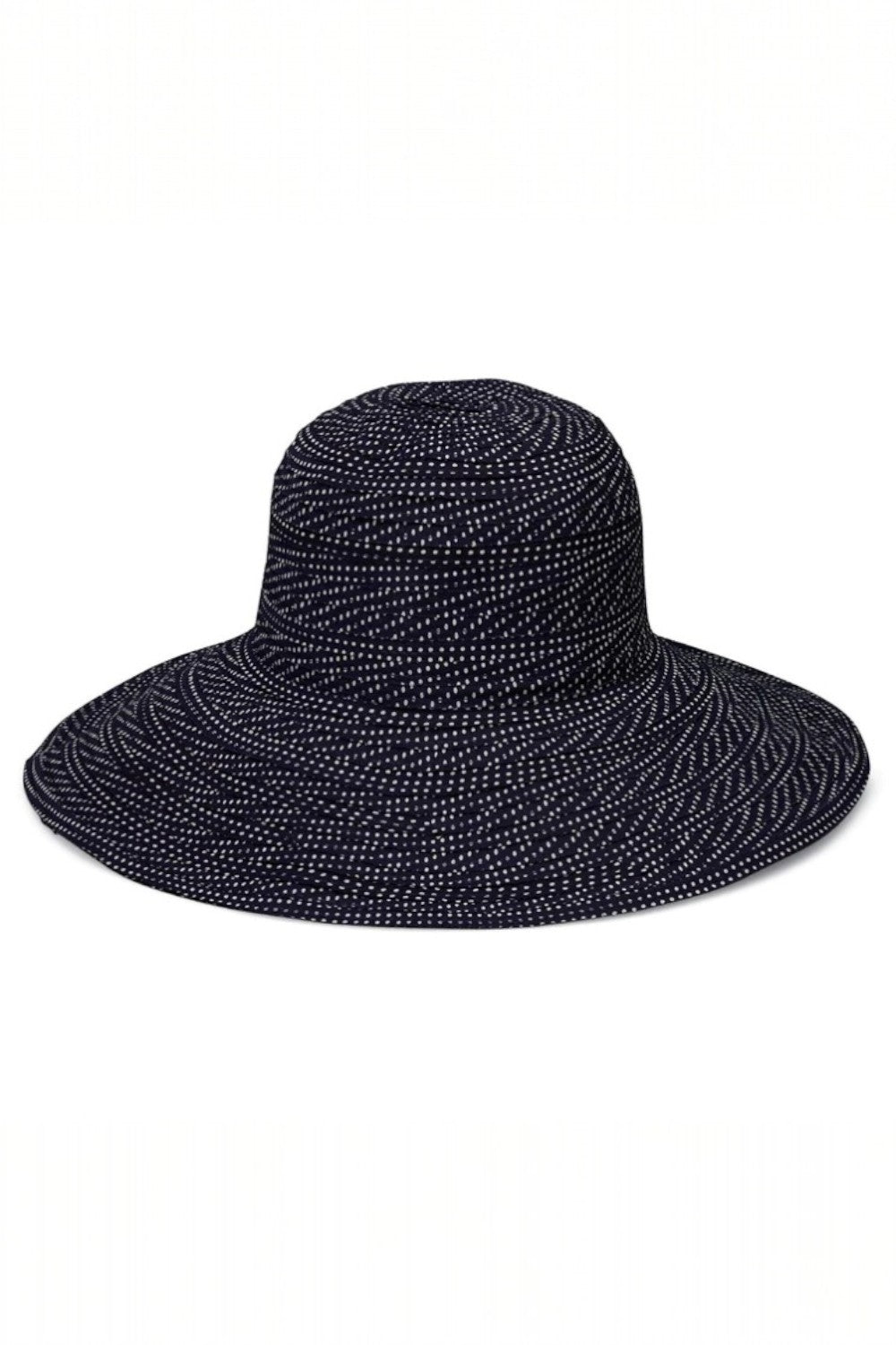 Charming white polka dots cover the classic black Scrunchie hat for a timeless look. The wire-edged brim hat can be adjusted for every mood – straighten it out for a stylish silhouette or wear it wavy for a flirty look. The wide brim allows for maximum sun protection.