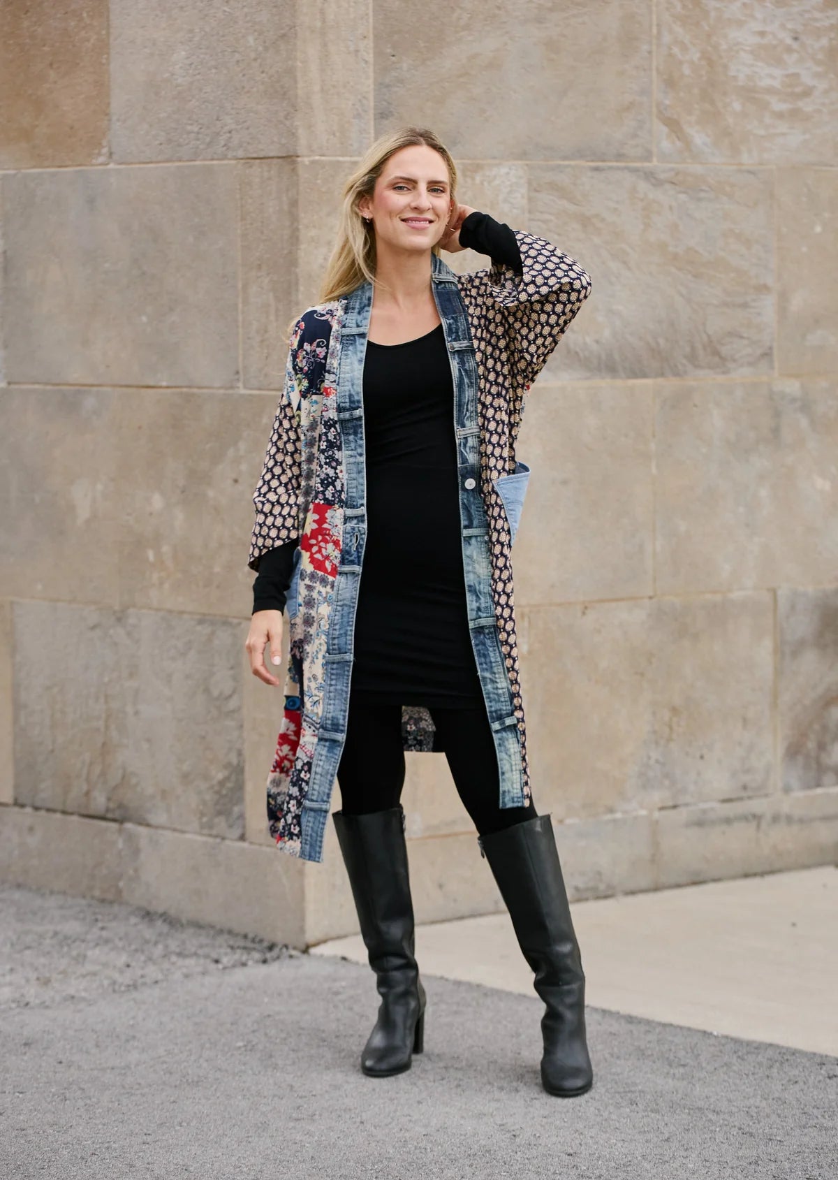 The Janis Cardigan by Shannon Passero. Crafted from eclectic mix of fabrics and designed with an extra long length, this lightweight cardigan will keep you warm without weighing you down! Perfect for those breezy days when you need just the right touch of layers. Get wrapped up in the Janis! Trimmed with denim!