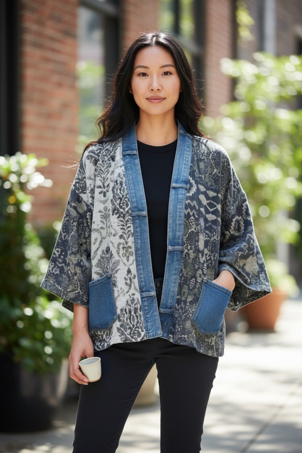 Make a statement with the Karol Cardigan. With the elegant prints made with care by our woman’s co-op in Thailand and our deconstructed vintage upcycled denim, you’ll have all eyes on you.