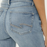 Close-up of light blue jeans with a plain background