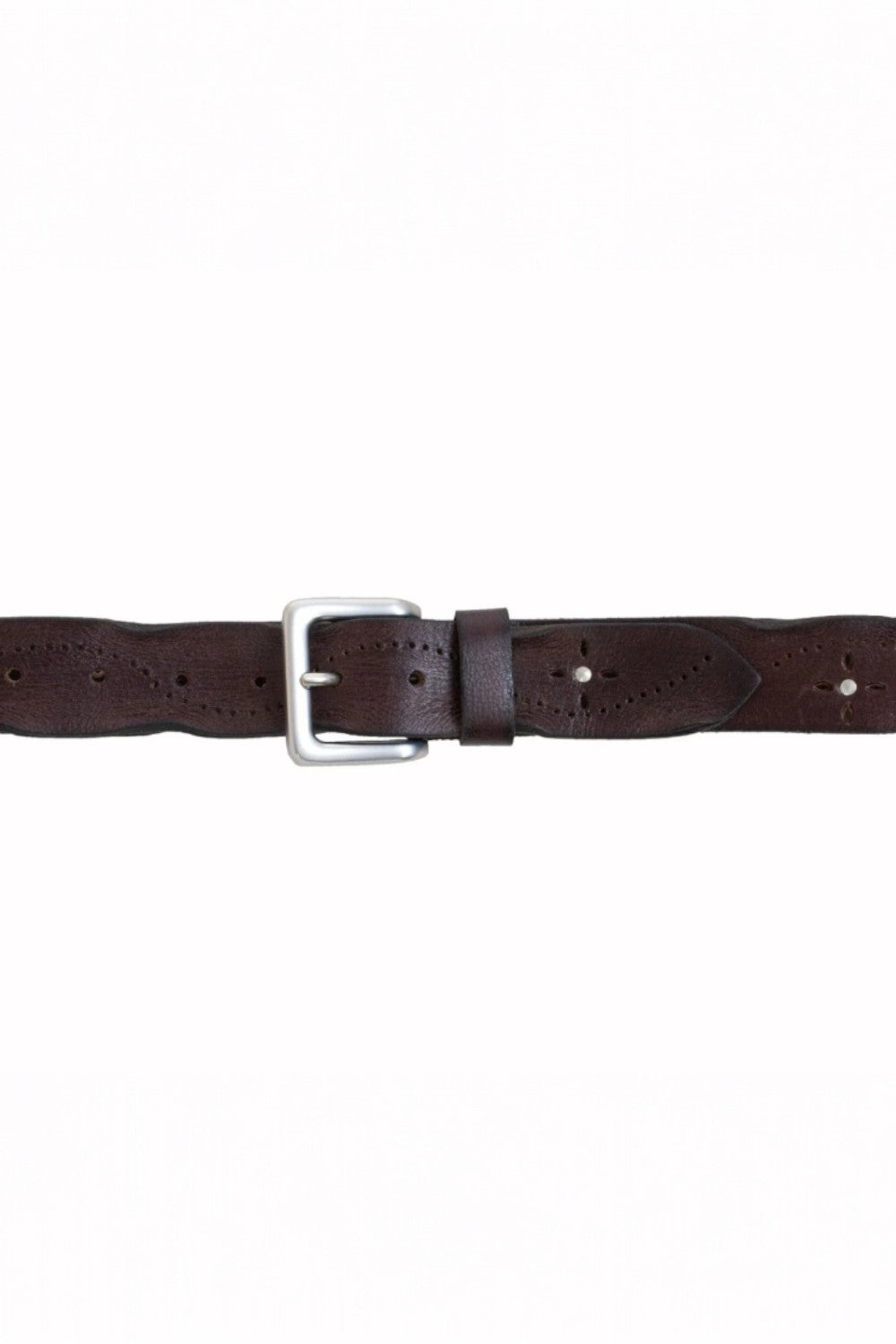 Brown leather belt with a silver buckle on a white background