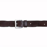 Brown leather belt with a silver buckle on a white background