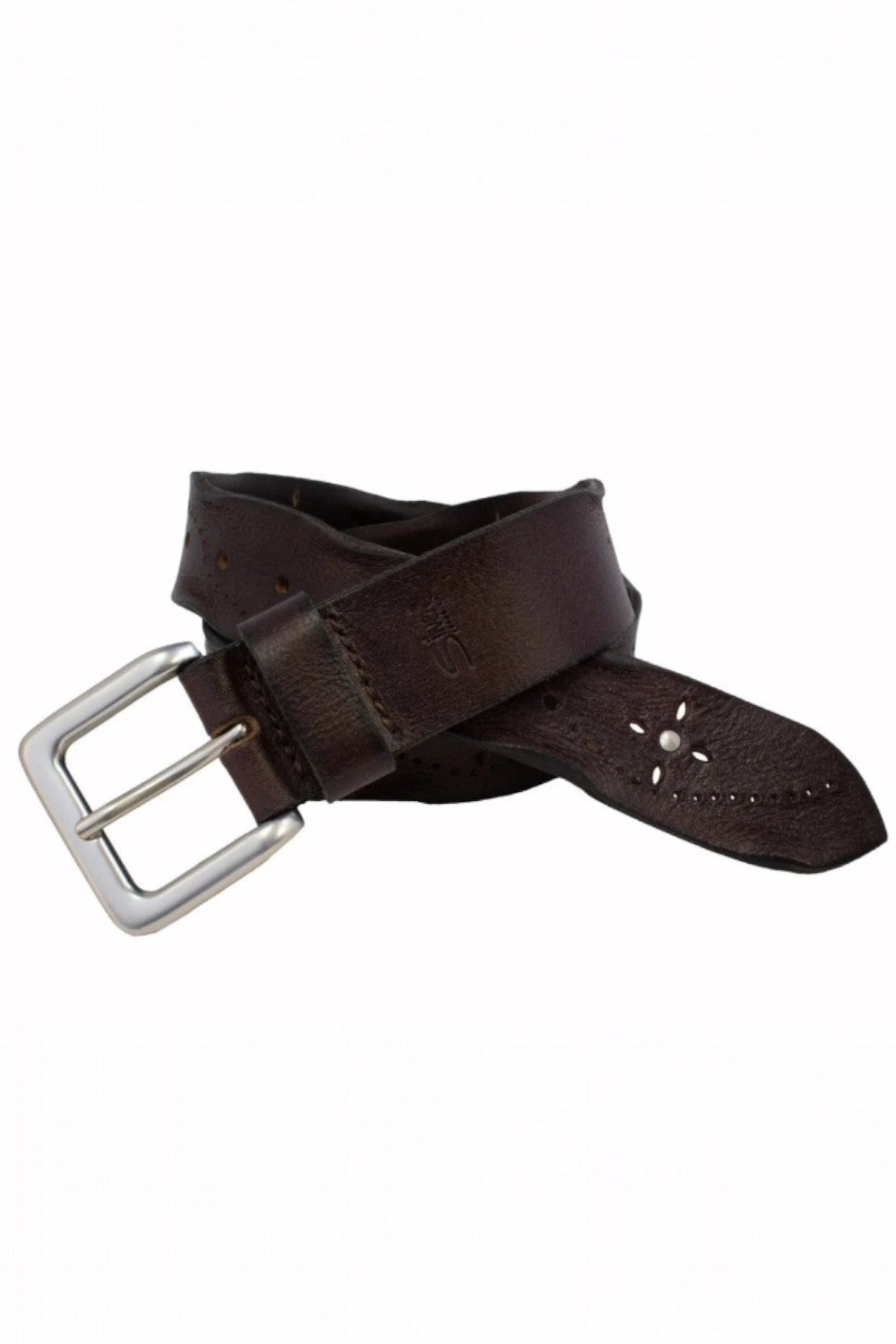 Brown leather belt with silver buckle on a white background