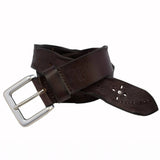 Brown leather belt with silver buckle on a white background