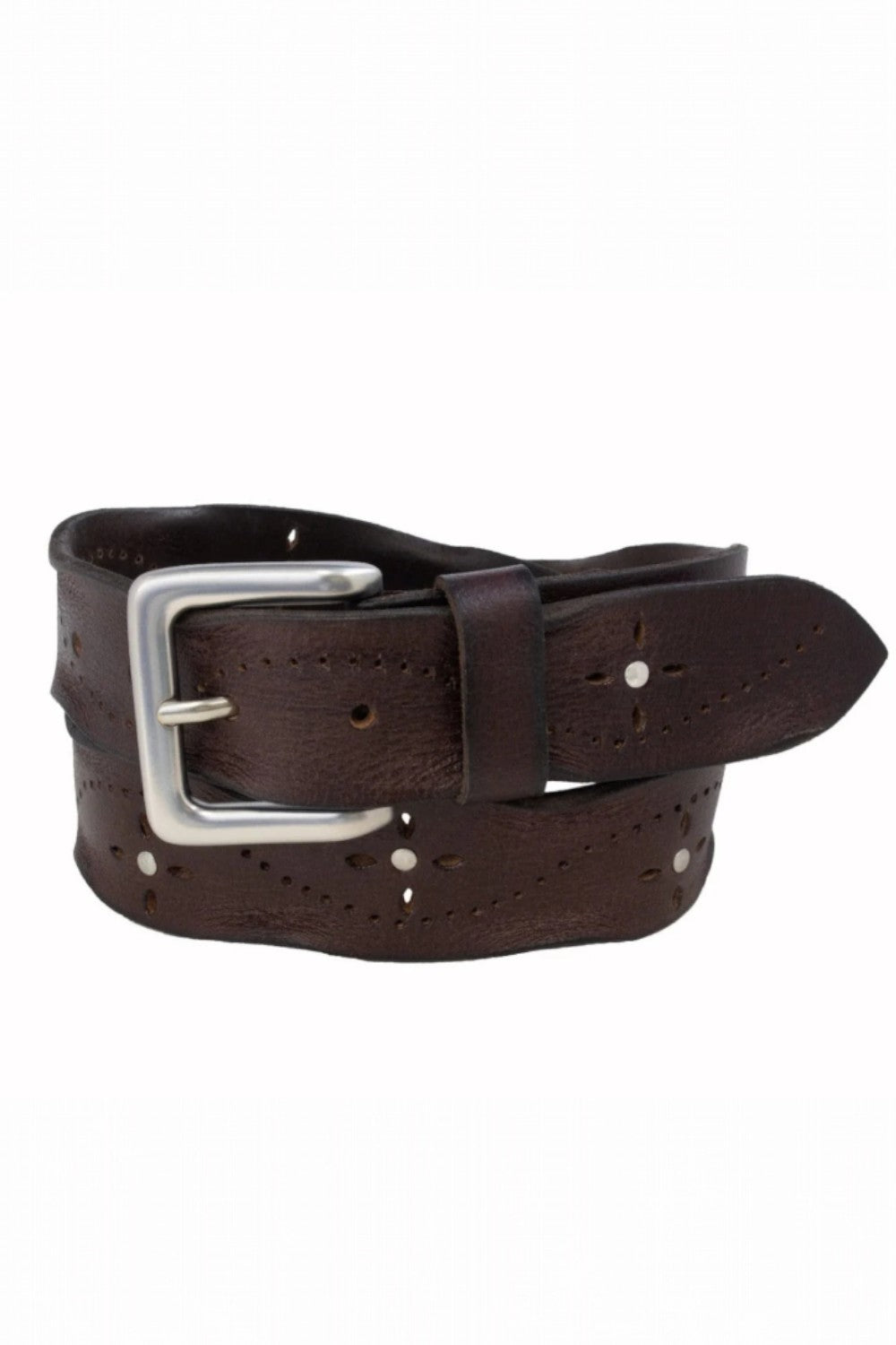 Brown leather belt with silver buckle on a white background