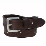 Brown leather belt with silver buckle on a white background