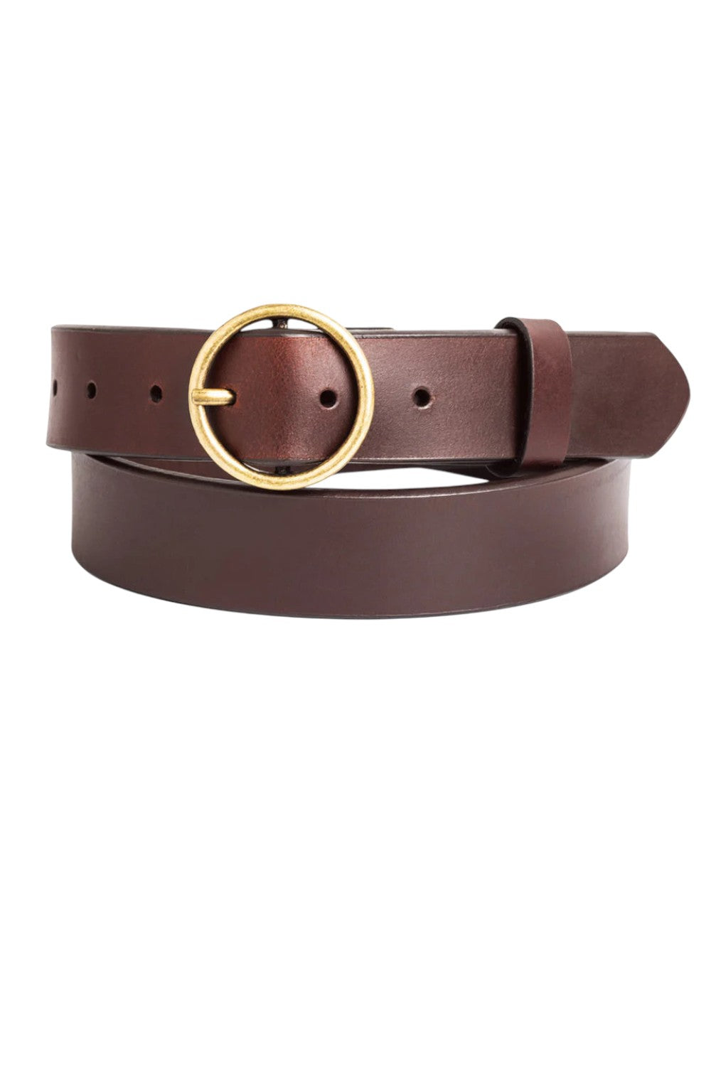 Brown leather belt with a gold buckle on a white background