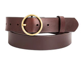 Brown leather belt with a gold buckle on a white background