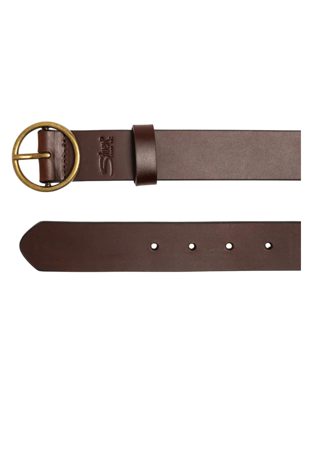 Brown leather belt with gold buckle on a white background