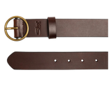 Brown leather belt with gold buckle on a white background