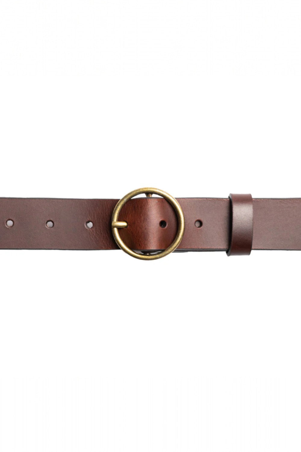 Brown leather belt with a gold buckle on a white background