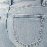 Close-up of light blue denim jeans with a pocket detail.