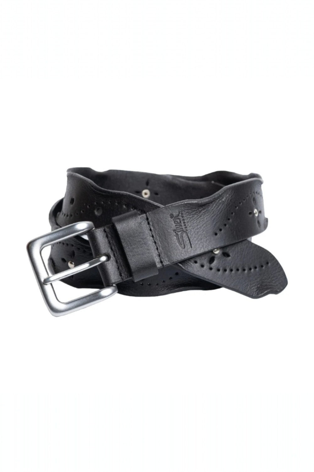 Black leather belt with silver buckle on a white background