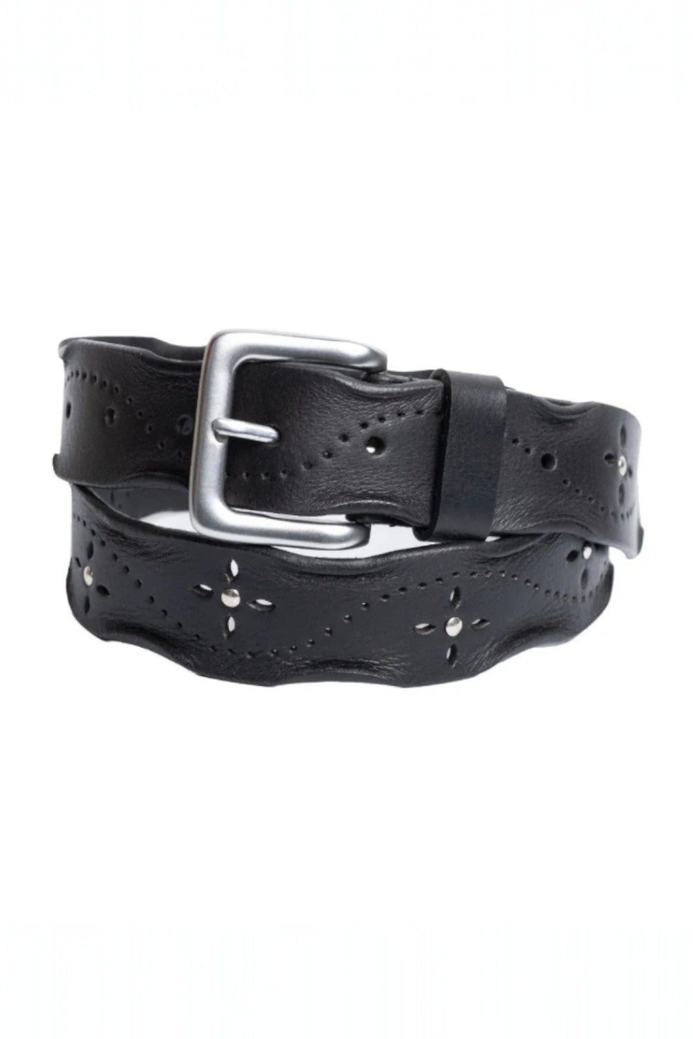 Black leather belt with a silver buckle on a white background
