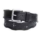 Black leather belt with a silver buckle on a white background