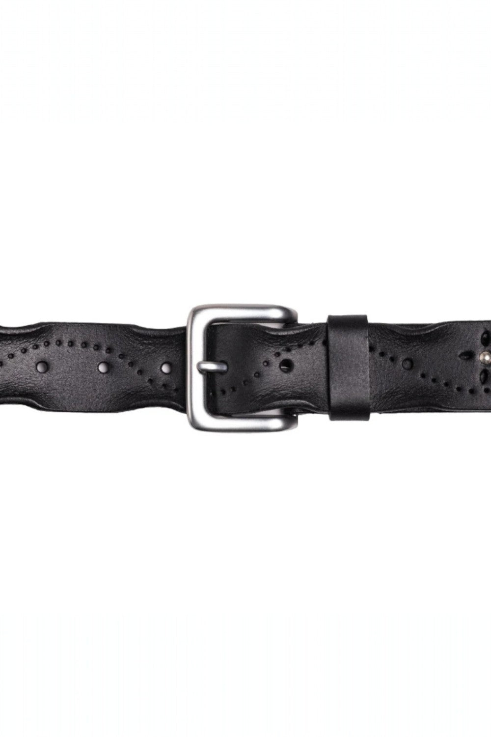 Black leather belt with a silver buckle on a white background