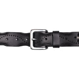 Black leather belt with a silver buckle on a white background