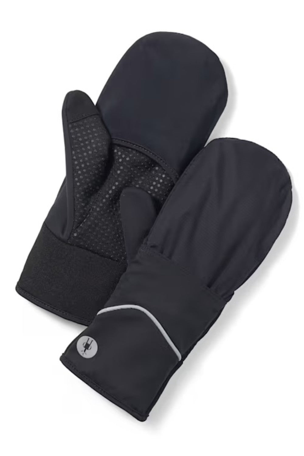 Black mittens with a textured interior on a white background