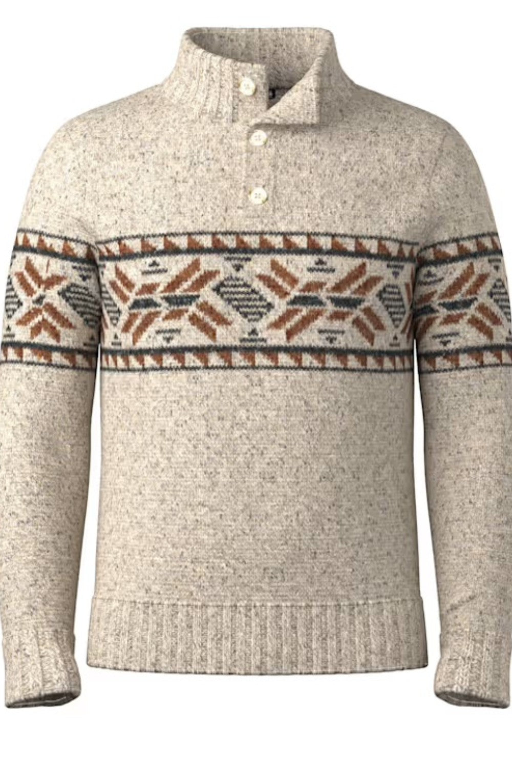 Beige sweater with patterned collar on a white background