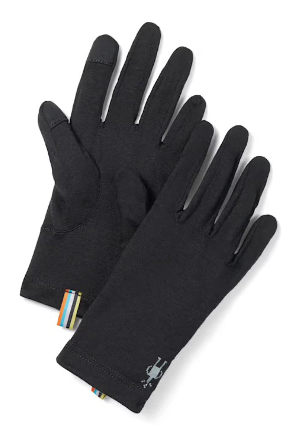 Black gloves with a brand label on a white background